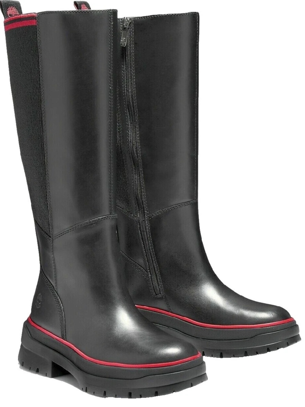 Timberland Black Leather Knee-High Boots with Red Trim